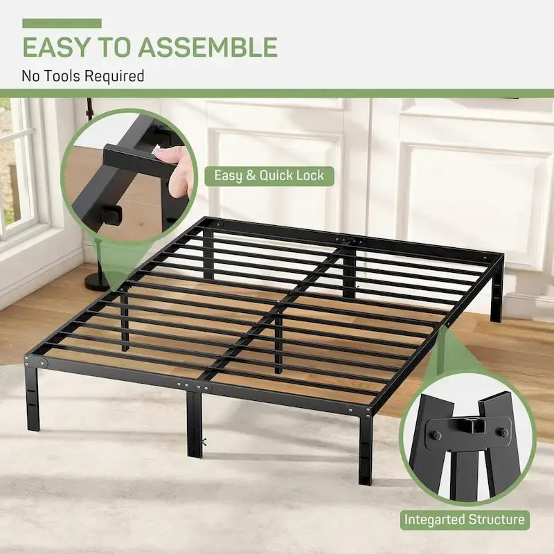 Struttura Letto in Metallo Nero, Nessuna Rete a Molle Necessaria, 14" di Spazio Contenitore Sotto il Letto, Singolo/Piazza e Mezza/Matrimoniale/King Size