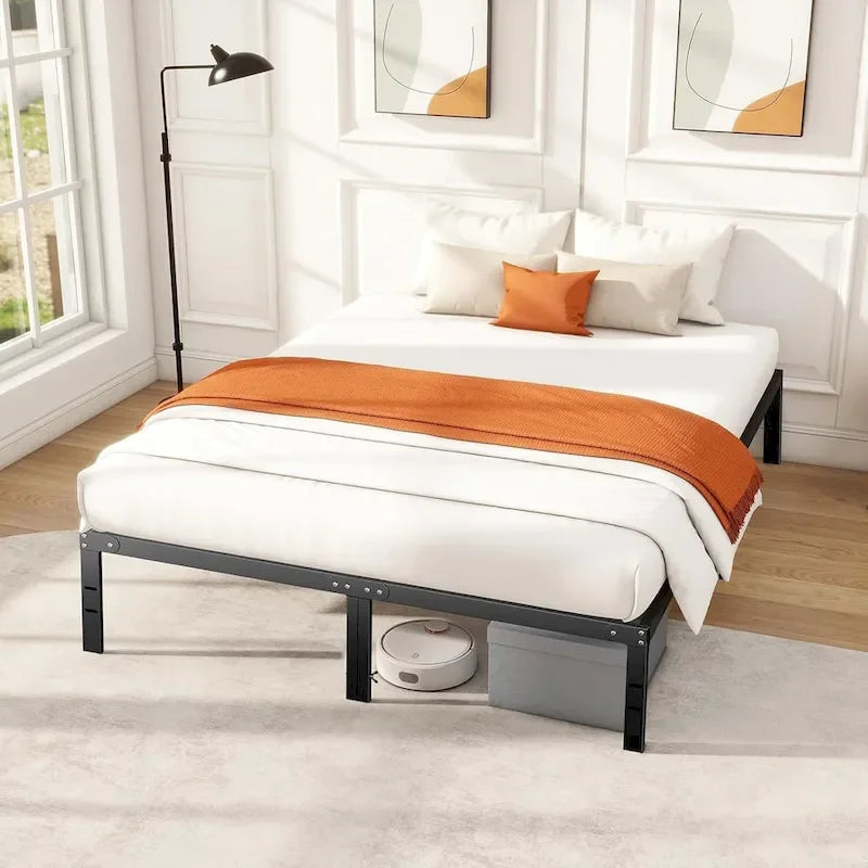 Struttura Letto in Metallo Nero, Nessuna Rete a Molle Necessaria, 14" di Spazio Contenitore Sotto il Letto, Singolo/Piazza e Mezza/Matrimoniale/King Size
