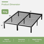 Struttura Letto in Metallo Nero, Nessuna Rete a Molle Necessaria, 14" di Spazio Contenitore Sotto il Letto, Singolo/Piazza e Mezza/Matrimoniale/King Size