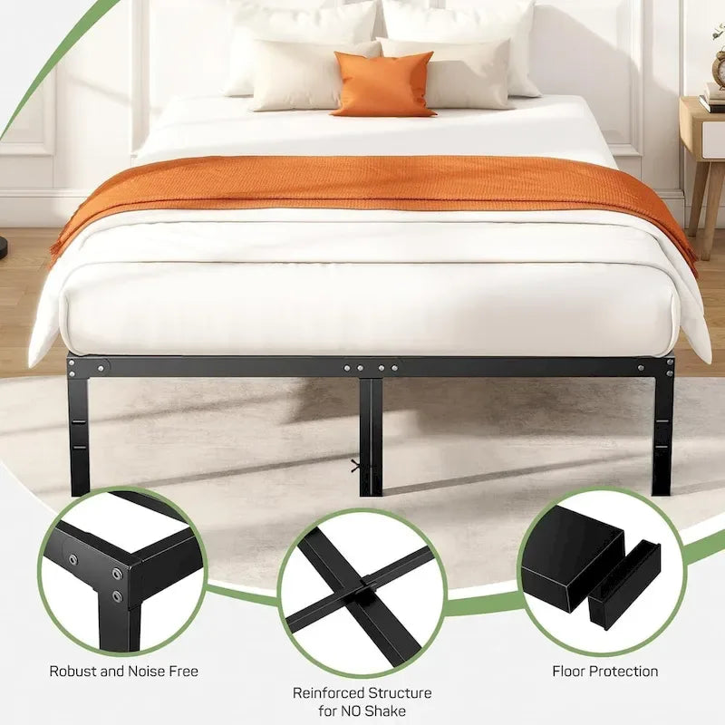 Struttura Letto in Metallo Nero, Nessuna Rete a Molle Necessaria, 14" di Spazio Contenitore Sotto il Letto, Singolo/Piazza e Mezza/Matrimoniale/King Size