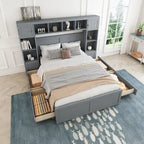 Letto contenitore matrimoniale/una piazza e mezza in legno bianco/grigio con mensole e cassetti nella testiera, per 1-2 persone
