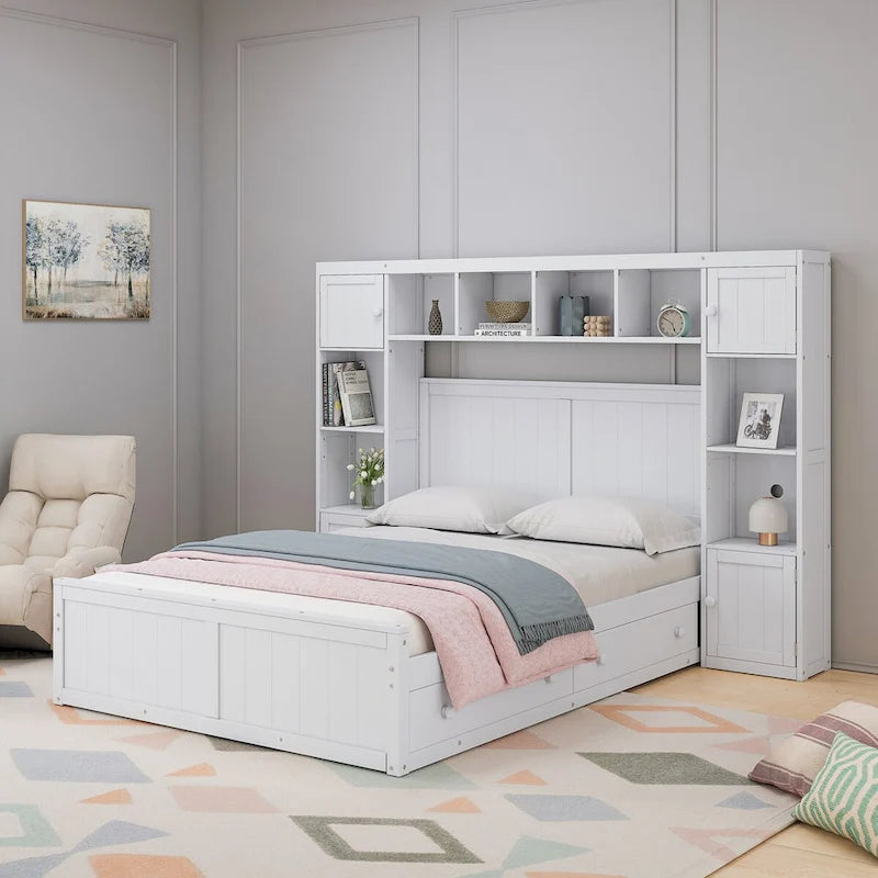 Letto contenitore matrimoniale/una piazza e mezza in legno bianco/grigio con mensole e cassetti nella testiera, per 1-2 persone