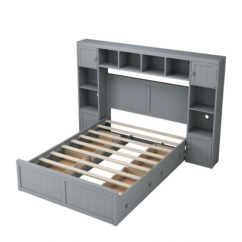 Letto contenitore matrimoniale/una piazza e mezza in legno bianco/grigio con mensole e cassetti nella testiera, per 1-2 persone