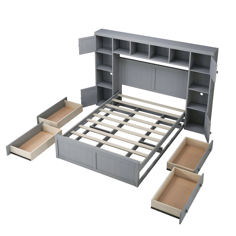 Letto contenitore matrimoniale/una piazza e mezza in legno bianco/grigio con mensole e cassetti nella testiera, per 1-2 persone