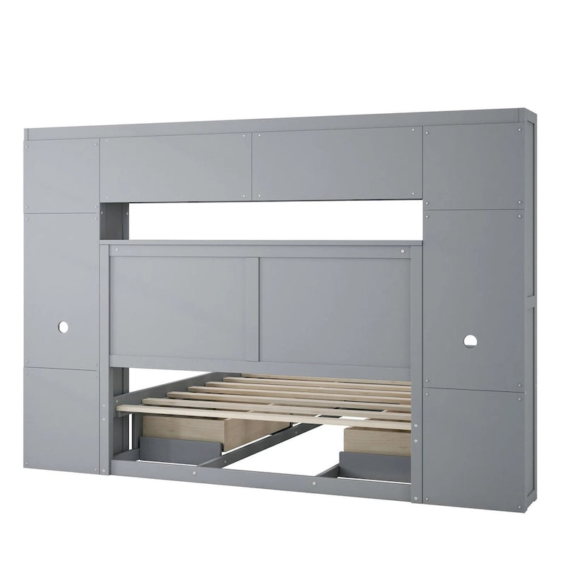 Letto contenitore matrimoniale/una piazza e mezza in legno bianco/grigio con mensole e cassetti nella testiera, per 1-2 persone