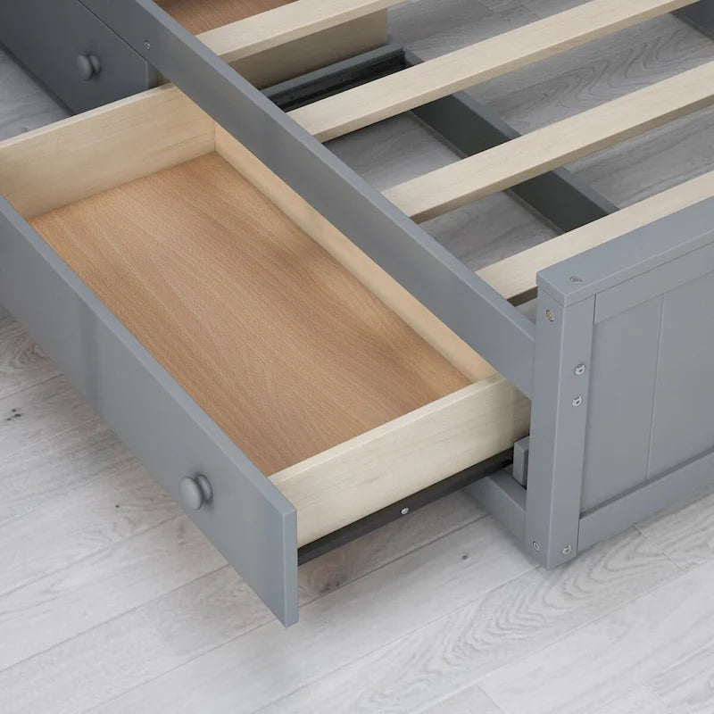 Letto contenitore matrimoniale/una piazza e mezza in legno bianco/grigio con mensole e cassetti nella testiera, per 1-2 persone