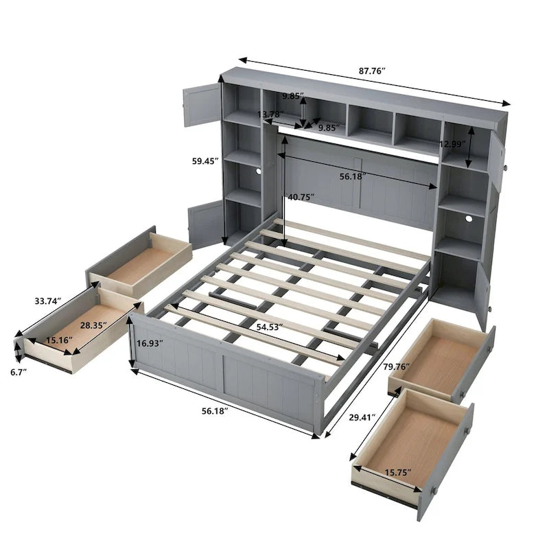 Letto contenitore matrimoniale/una piazza e mezza in legno bianco/grigio con mensole e cassetti nella testiera, per 1-2 persone
