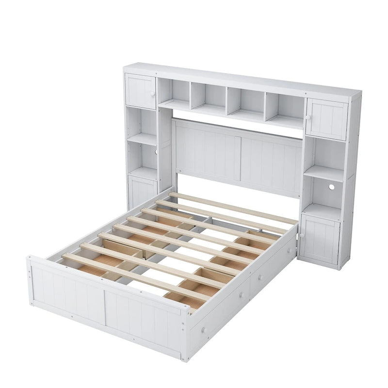 Letto contenitore matrimoniale/una piazza e mezza in legno bianco/grigio con mensole e cassetti nella testiera, per 1-2 persone