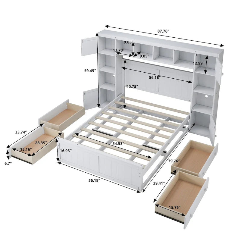 Letto contenitore matrimoniale/una piazza e mezza in legno bianco/grigio con mensole e cassetti nella testiera, per 1-2 persone