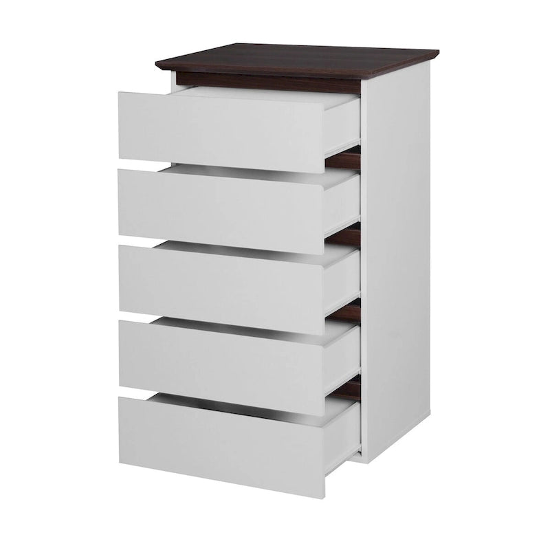 Comò bianco a 5 cassetti con ripiano in legno, per 1 persona