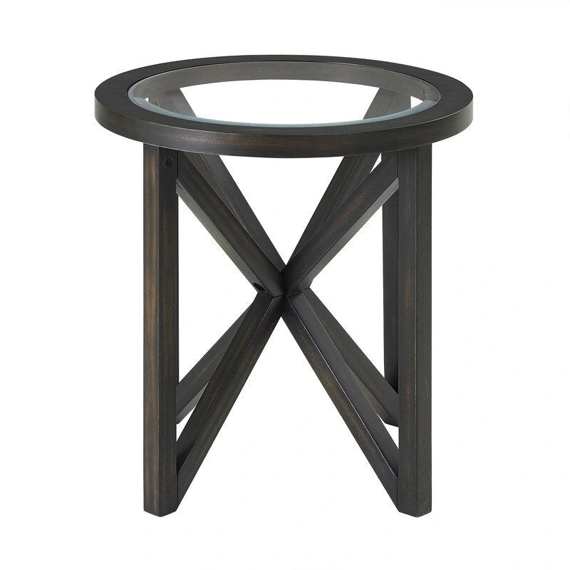 Tavolino da caffè rotondo in vetro, ciliegio/nero, base in legno massello, 1-2 posti a sedere