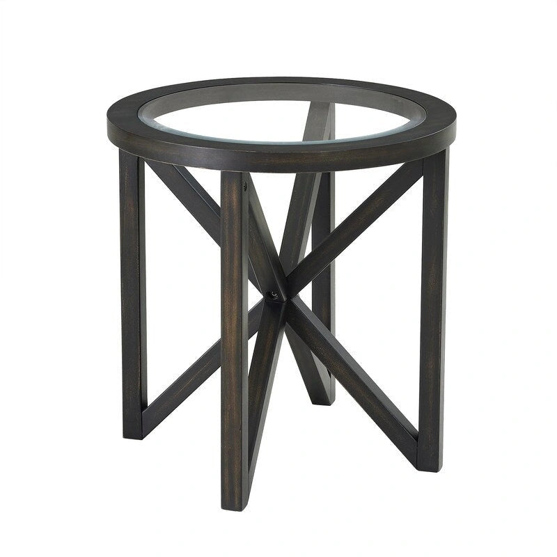 Tavolino da caffè rotondo in vetro, ciliegio/nero, base in legno massello, 1-2 posti a sedere