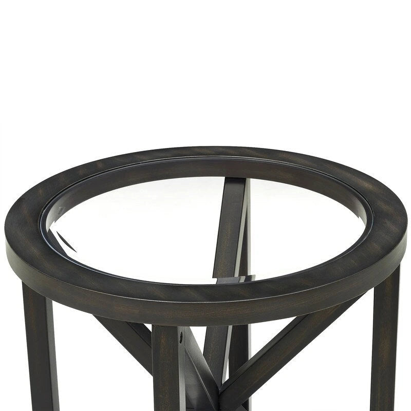 Tavolino da caffè rotondo in vetro, ciliegio/nero, base in legno massello, 1-2 posti a sedere