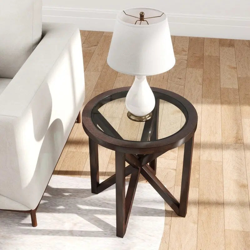 Tavolino da caffè rotondo in vetro, ciliegio/nero, base in legno massello, 1-2 posti a sedere