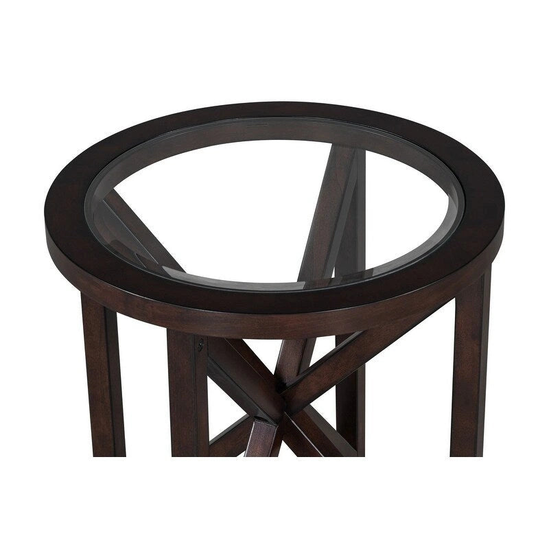 Tavolino da caffè rotondo in vetro, ciliegio/nero, base in legno massello, 1-2 posti a sedere