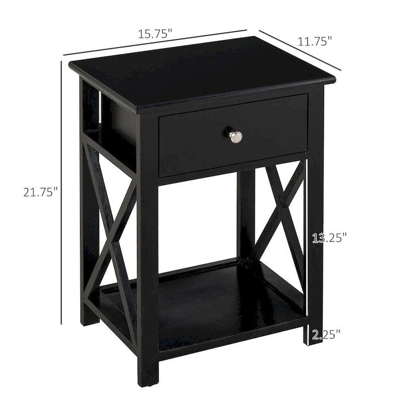 Tavolino laterale a X bianco e nero con cassetto e ripiano aperto