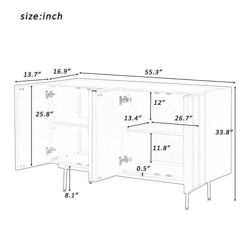 Credenza a 4 ante blu navy / bianco / nero con ripiani regolabili