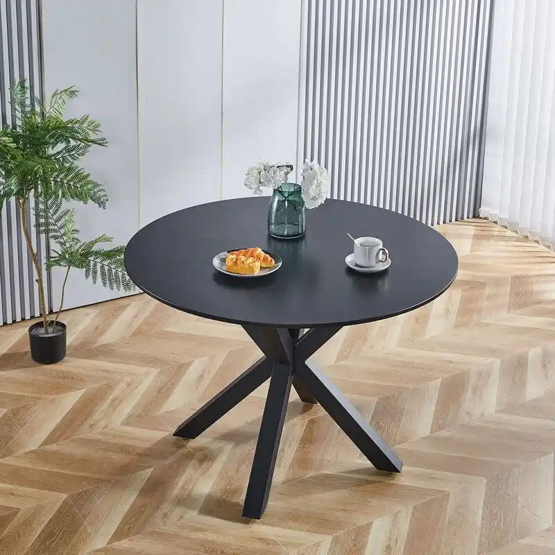 Tavolo da pranzo rotondo nero/bianco marmo/bianco, piano in MDF e base a piedistallo in metallo, 4-6 posti a sedere