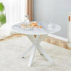 Tavolo da pranzo rotondo nero/bianco marmo/bianco, piano in MDF e base a piedistallo in metallo, 4-6 posti a sedere