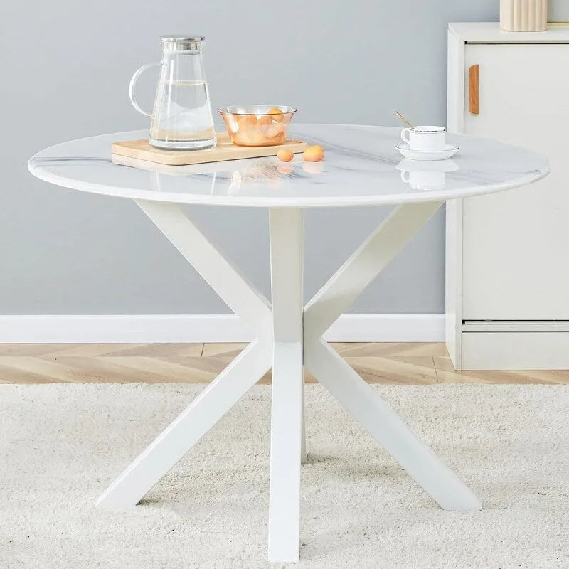 Tavolo da pranzo rotondo nero/bianco marmo/bianco, piano in MDF e base a piedistallo in metallo, 4-6 posti a sedere