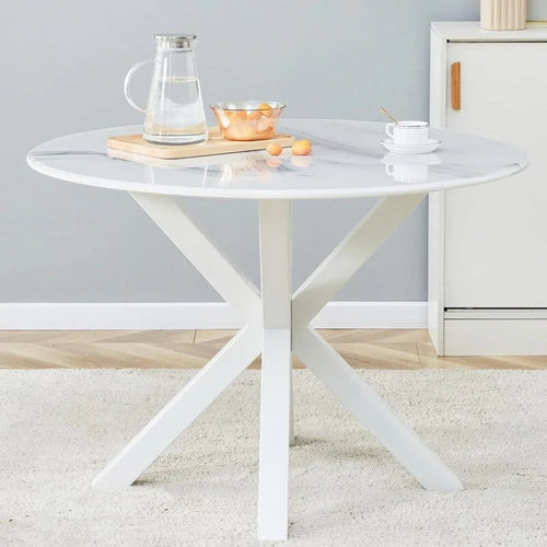 Tavolo da pranzo rotondo nero/bianco marmo/bianco, piano in MDF e base a piedistallo in metallo, 4-6 posti a sedere