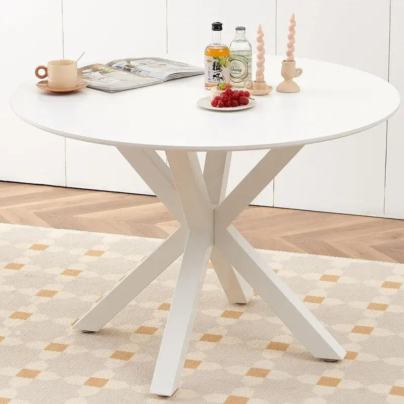 Tavolo da pranzo rotondo nero/bianco marmo/bianco, piano in MDF e base a piedistallo in metallo, 4-6 posti a sedere