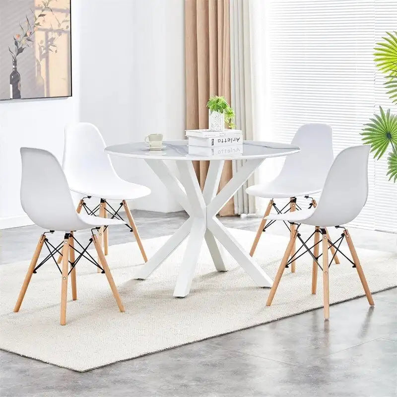 Tavolo da pranzo rotondo nero/bianco marmo/bianco, piano in MDF e base a piedistallo in metallo, 4-6 posti a sedere