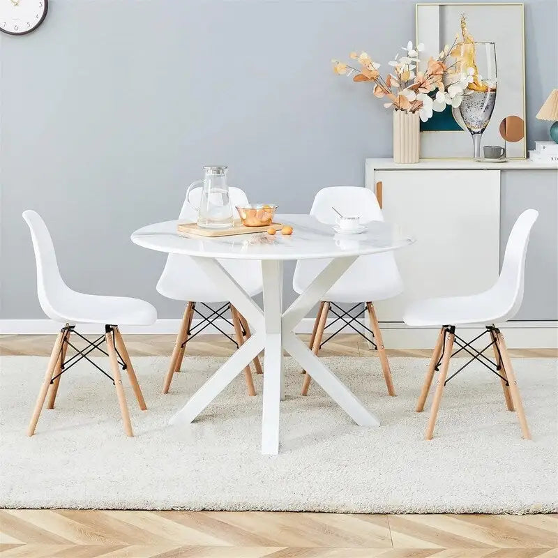 Tavolo da pranzo rotondo nero/bianco marmo/bianco, piano in MDF e base a piedistallo in metallo, 4-6 posti a sedere