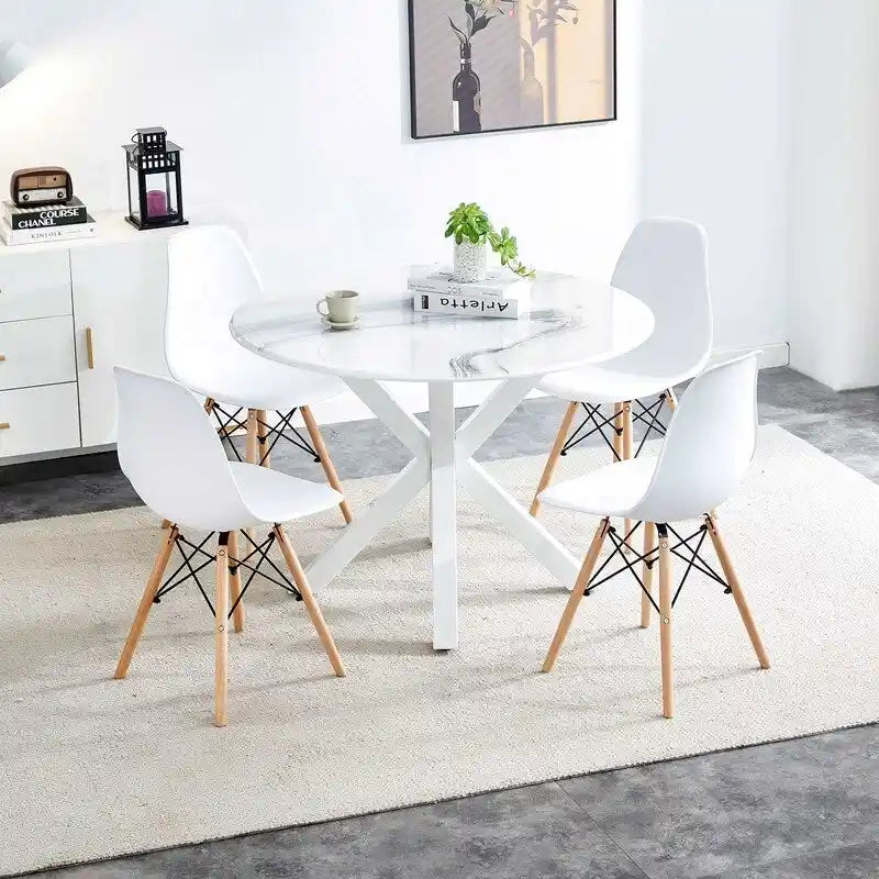 Tavolo da pranzo rotondo nero/bianco marmo/bianco, piano in MDF e base a piedistallo in metallo, 4-6 posti a sedere