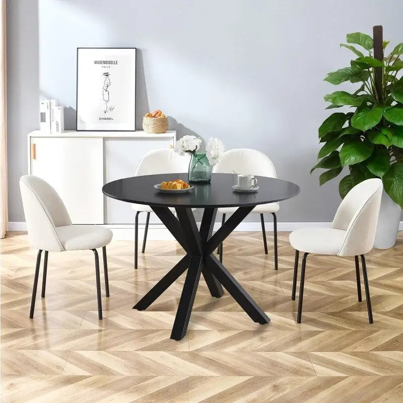 Tavolo da pranzo rotondo nero/bianco marmo/bianco, piano in MDF e base a piedistallo in metallo, 4-6 posti a sedere