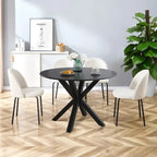 Tavolo da pranzo rotondo nero/bianco marmo/bianco, piano in MDF e base a piedistallo in metallo, 4-6 posti a sedere