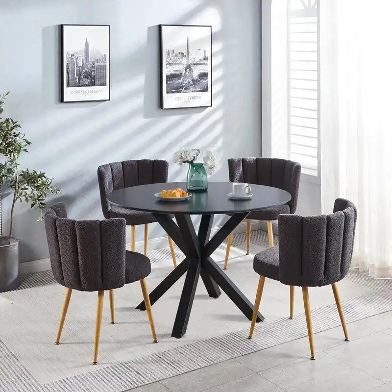 Tavolo da pranzo rotondo nero/bianco marmo/bianco, piano in MDF e base a piedistallo in metallo, 4-6 posti a sedere