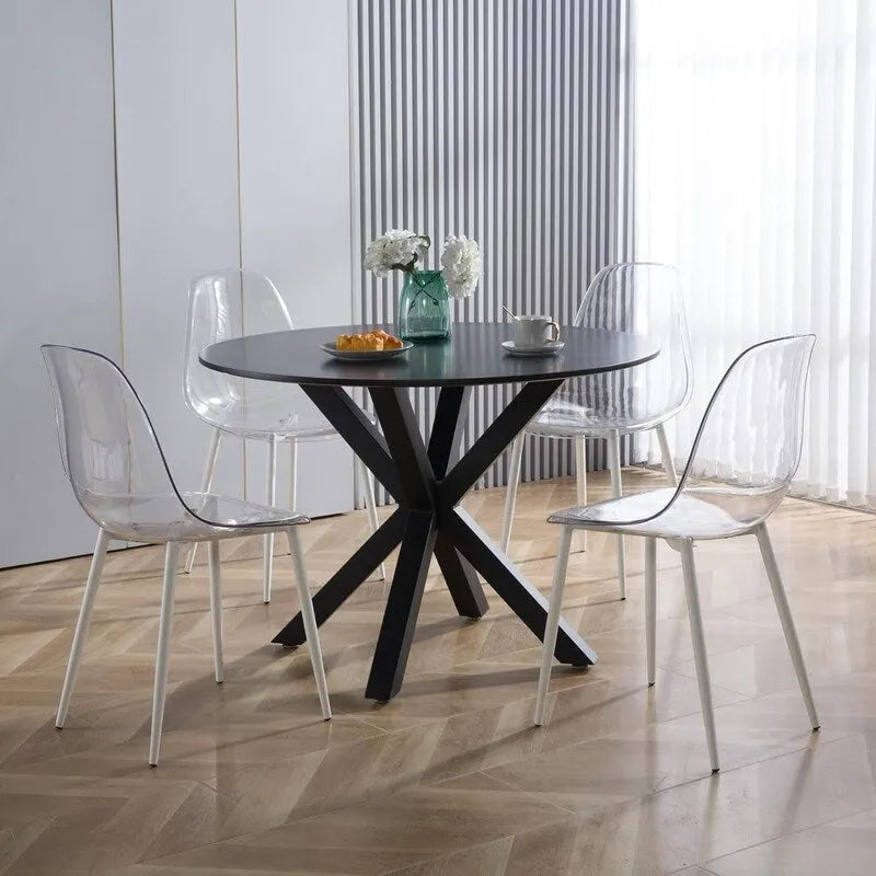 Tavolo da pranzo rotondo nero/bianco marmo/bianco, piano in MDF e base a piedistallo in metallo, 4-6 posti a sedere