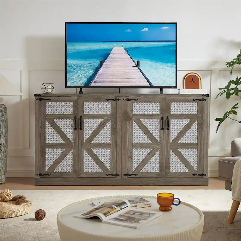Credenza in finto rattan da 65" con ante a scomparsa, grigio pietra/rovere, 4 ante