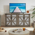Credenza in finto rattan da 65" con ante a scomparsa, grigio pietra/rovere, 4 ante