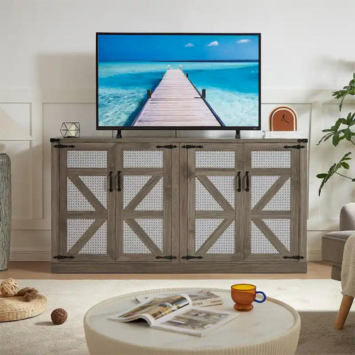 65-Inch Slate Gray Faux Rattan Sideboard with Barn Doors Rustic Sideboard,4-Door Storage for Living Room,Entryway,Dining Room