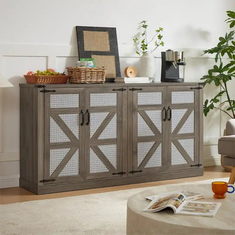Credenza in finto rattan da 65" con ante a scomparsa, grigio pietra/rovere, 4 ante