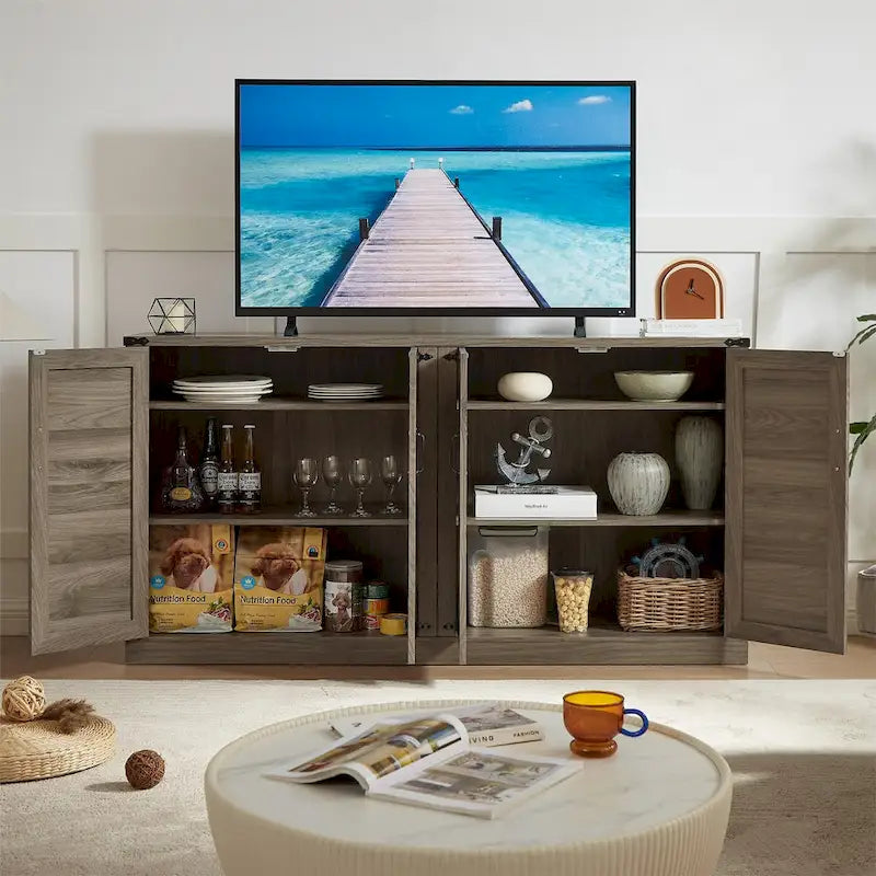 Credenza in finto rattan da 65" con ante a scomparsa, grigio pietra/rovere, 4 ante