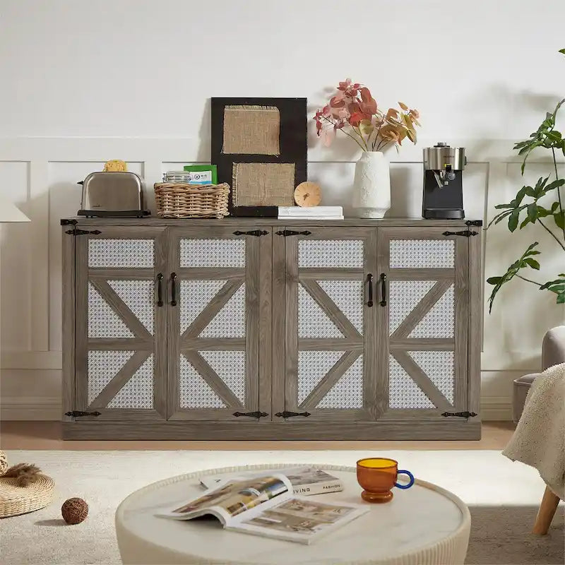 Credenza in finto rattan da 65" con ante a scomparsa, grigio pietra/rovere, 4 ante