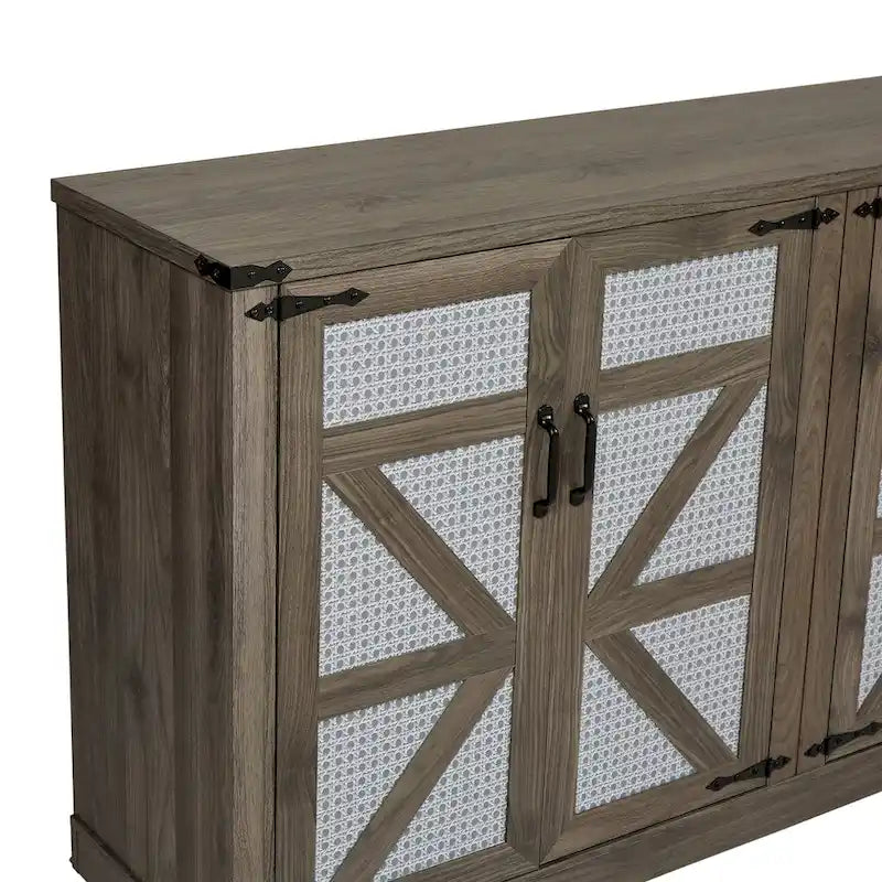 Credenza in finto rattan da 65" con ante a scomparsa, grigio pietra/rovere, 4 ante