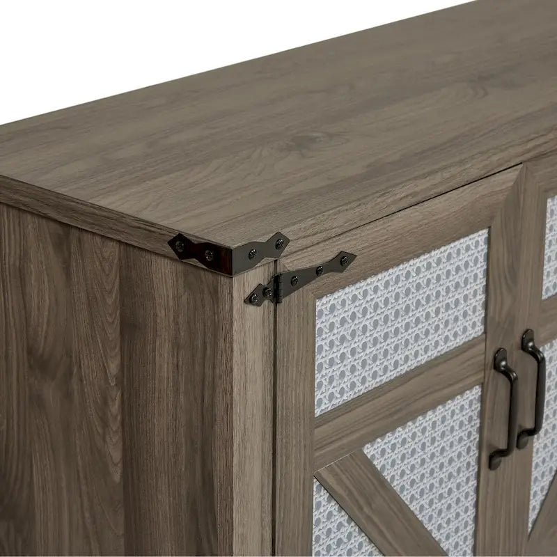Credenza in finto rattan da 65" con ante a scomparsa, grigio pietra/rovere, 4 ante