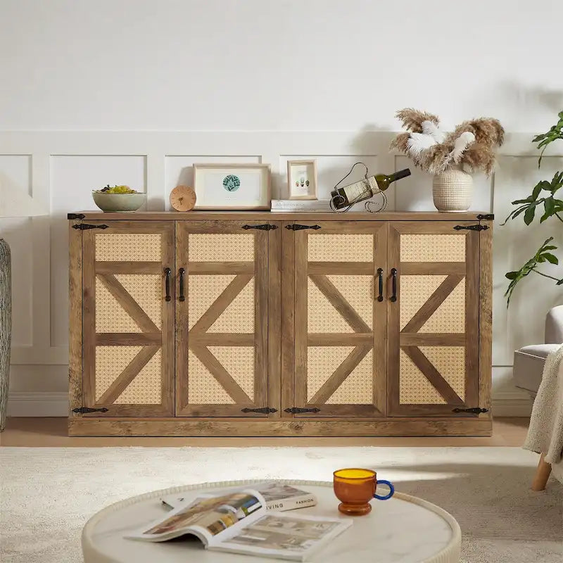 Credenza in finto rattan da 65" con ante a scomparsa, grigio pietra/rovere, 4 ante