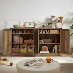 Credenza in finto rattan da 65" con ante a scomparsa, grigio pietra/rovere, 4 ante