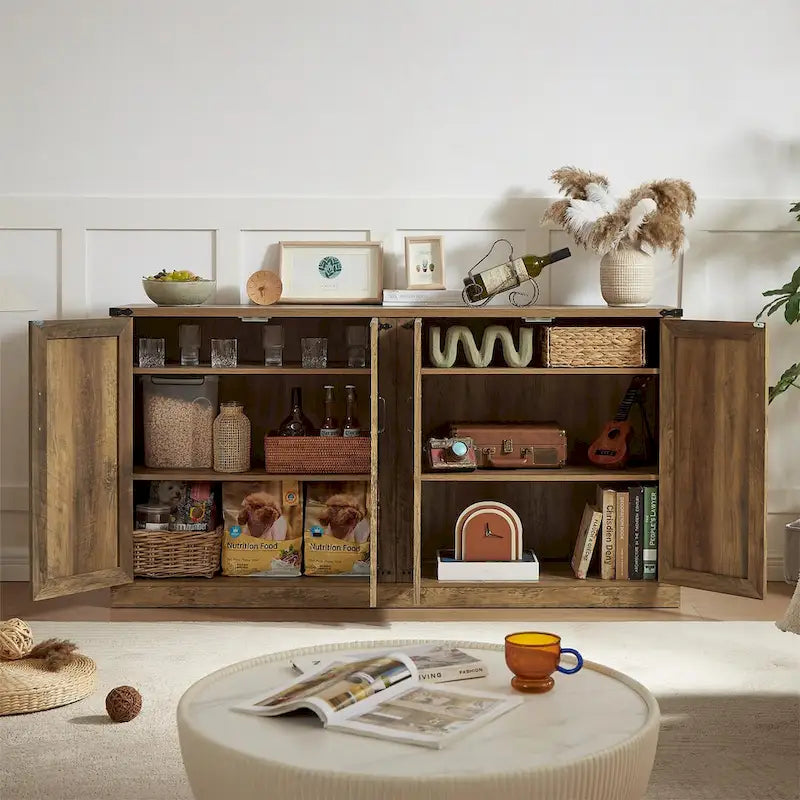 Credenza in finto rattan da 65" con ante a scomparsa, grigio pietra/rovere, 4 ante