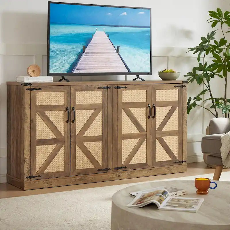 Credenza in finto rattan da 65" con ante a scomparsa, grigio pietra/rovere, 4 ante