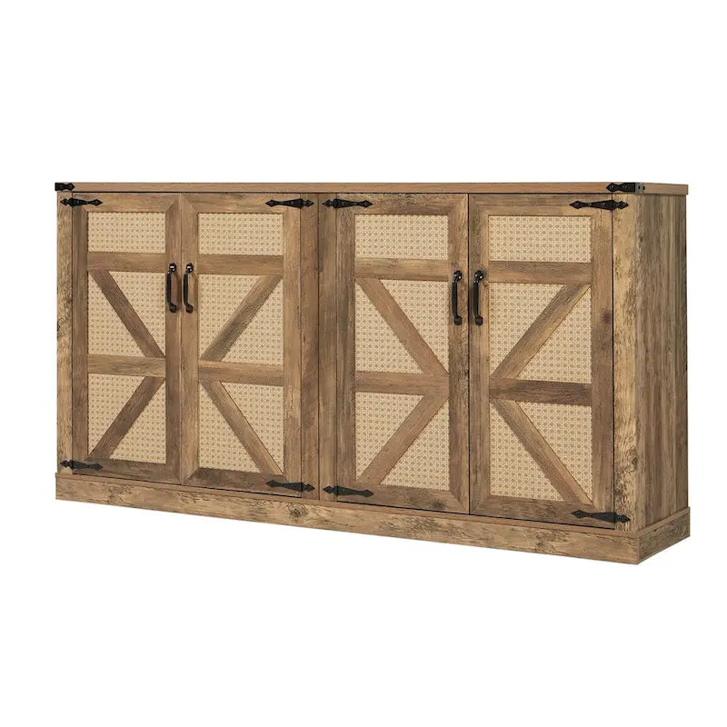 Credenza in finto rattan da 65" con ante a scomparsa, grigio pietra/rovere, 4 ante