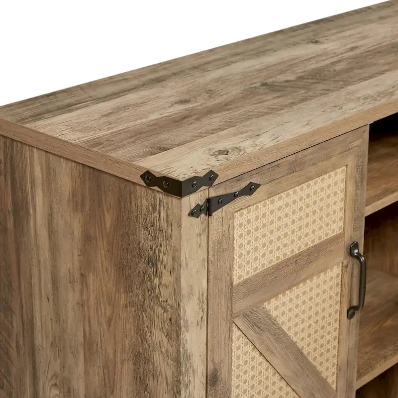 Credenza in finto rattan da 65" con ante a scomparsa, grigio pietra/rovere, 4 ante