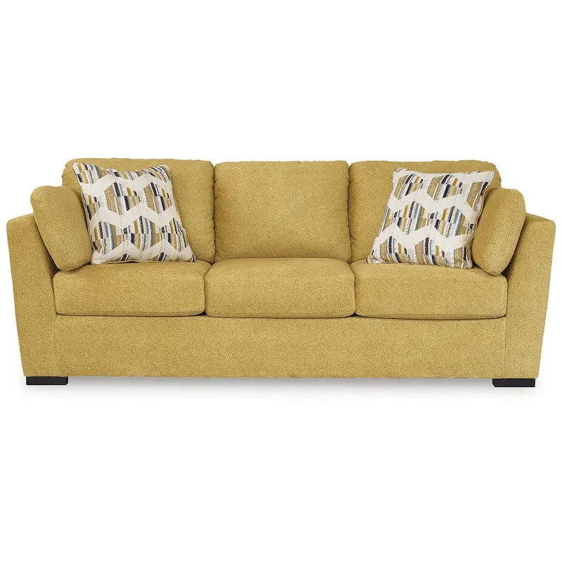 Divano in velluto giallo girasole, 3 posti, 239 cm L x 104 cm P x 99 cm H