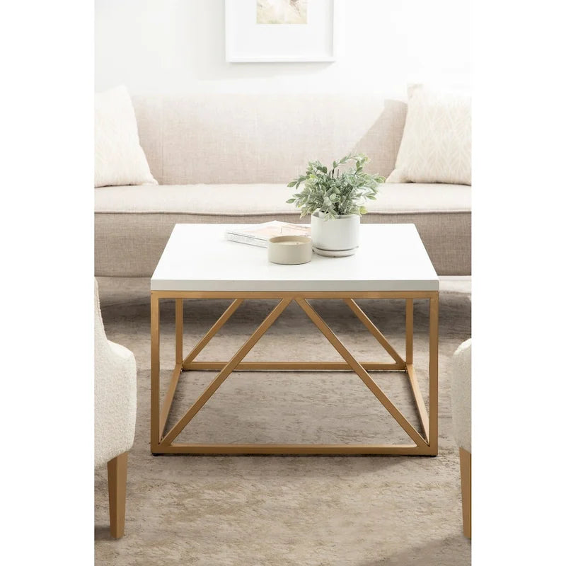 Tavolino da Caffè Quadrato Bianco/Oro, Stile Geometrico Moderno, Uso Singolo