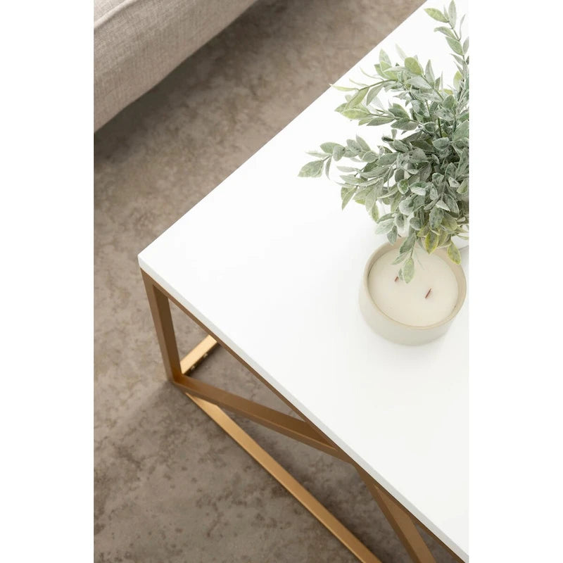 Tavolino da Caffè Quadrato Bianco/Oro, Stile Geometrico Moderno, Uso Singolo